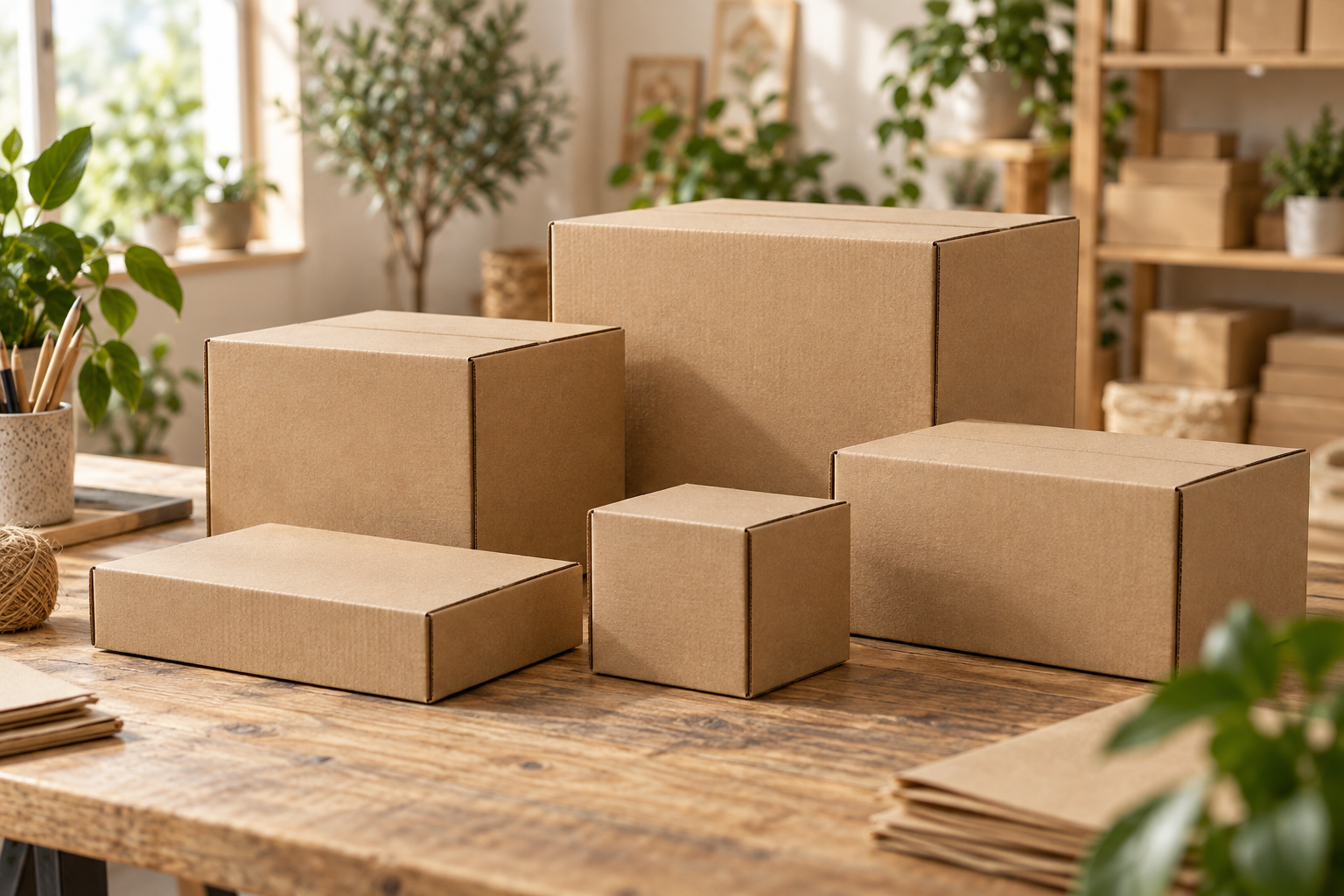 Cutii din carton kraft, pregătite pentru ambalare