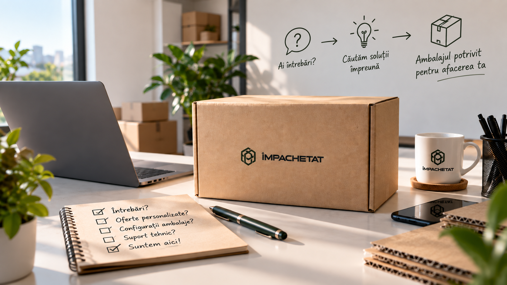 Spațiu de lucru ÎMPACHETAT cu o cutie de carton personalizată